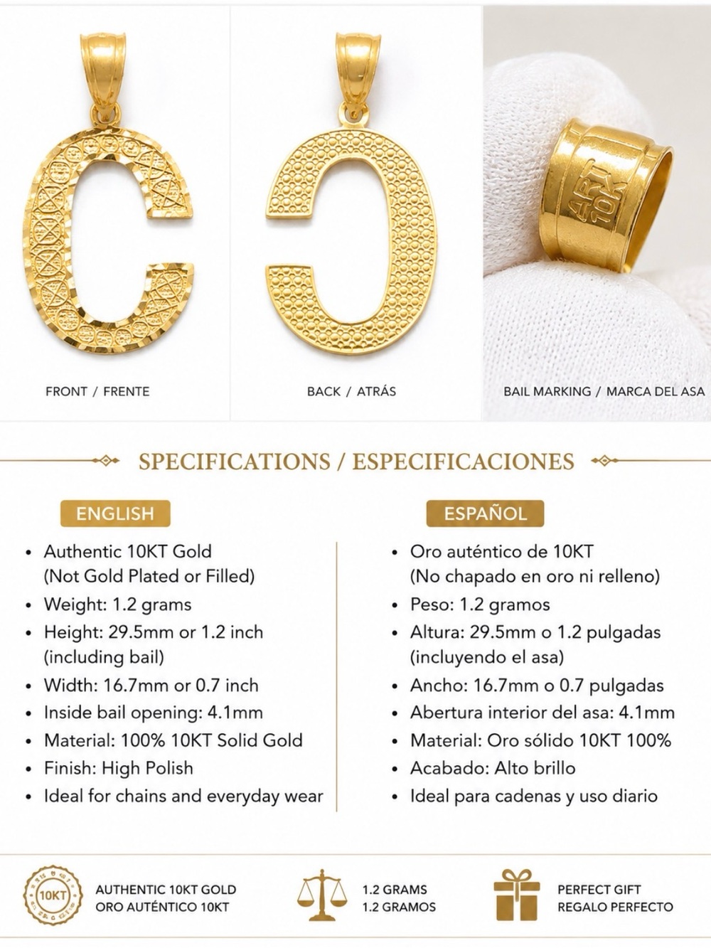 10KT Gold Letter C Pendant Charm - Yellow Gold